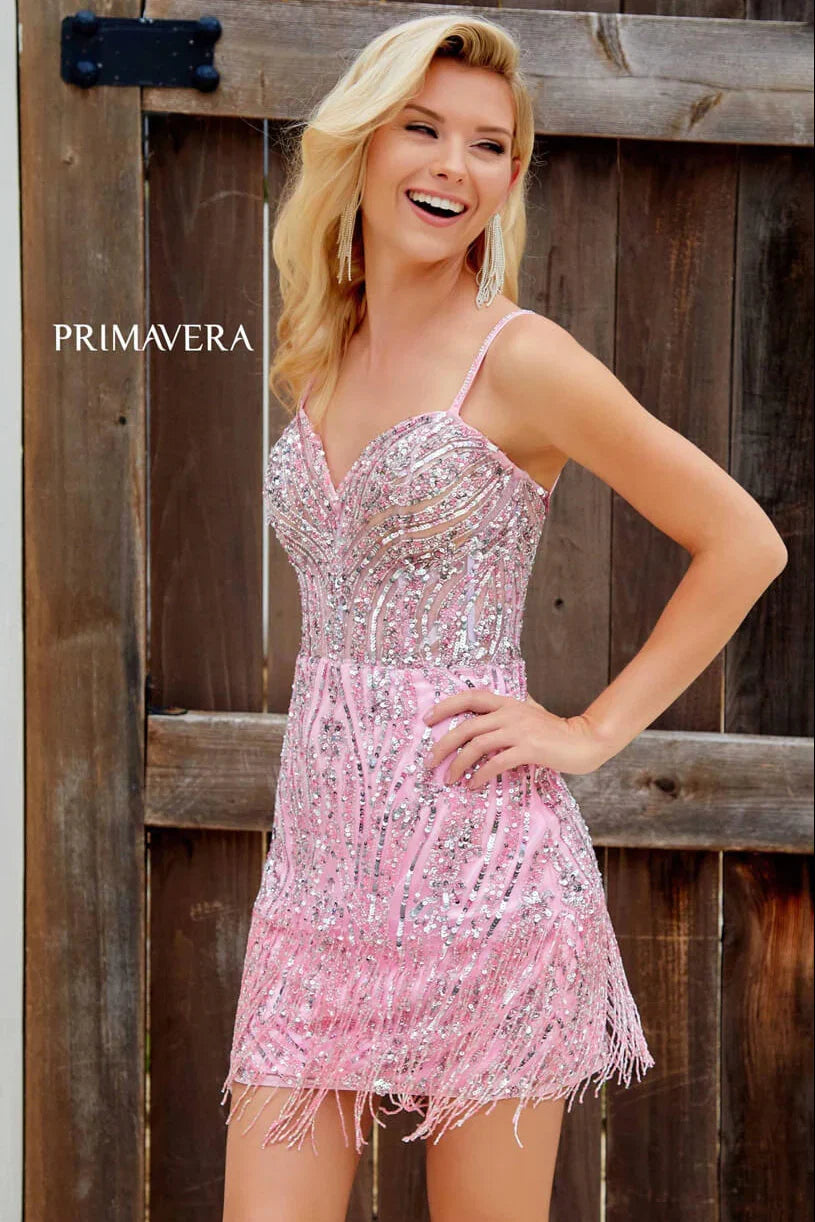4248 Primavera Fringe Beaded Cocktail Mini Dress
