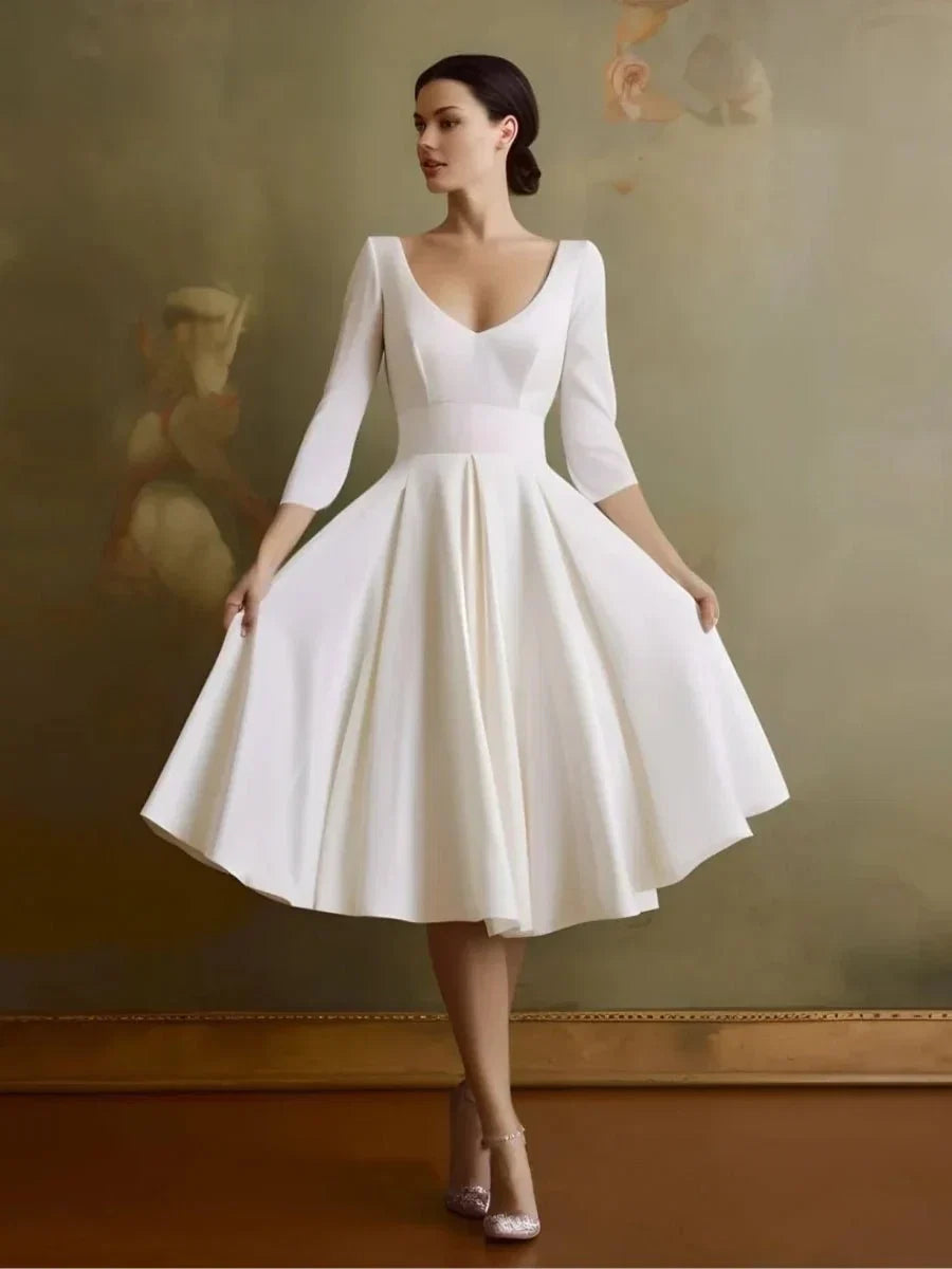 Vintage Sleeved A Line V neck Satin Tea Length Wedding Dress