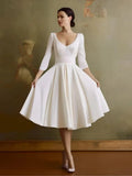 Vintage Sleeved A Line V neck Satin Tea Length Wedding Dress