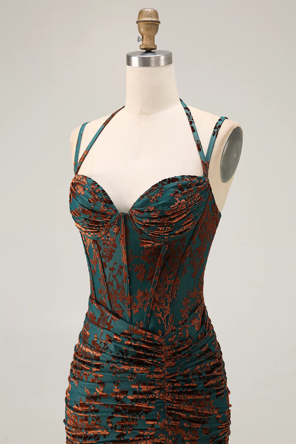 Dark Green Sheath Sweetheart Corset Long Floral Burnout Dress with Slit