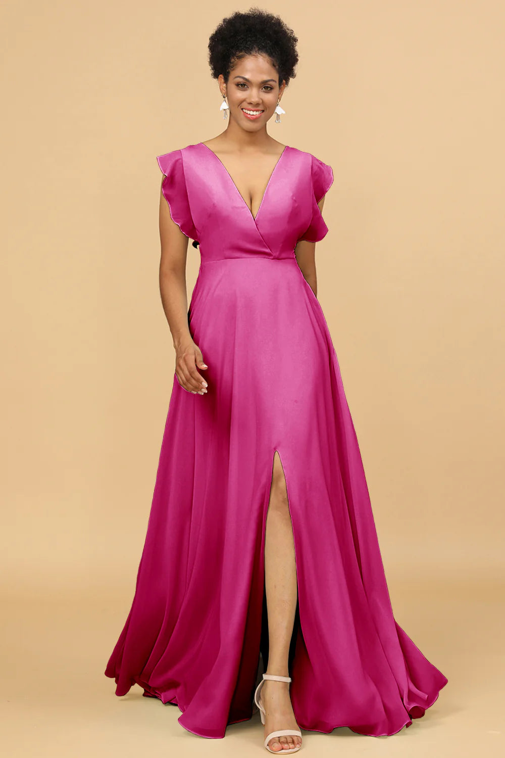 A Line V Neck Floor Length Chiffon Bridesmaid Dress with Slit