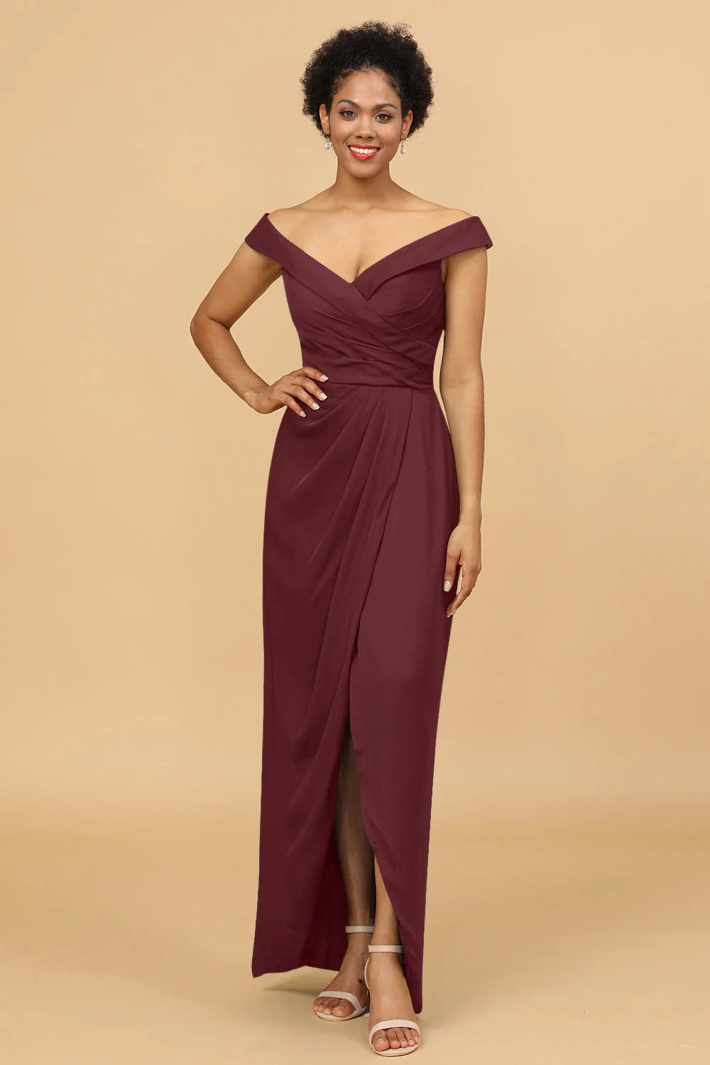Sheath Column Off The Shoulder Satin Long Bridesmaid Dress