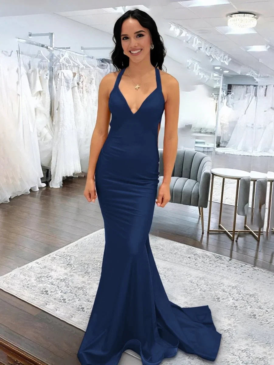 Angela Mermaid Pink V Neck Backless Satin Long Prom Dress