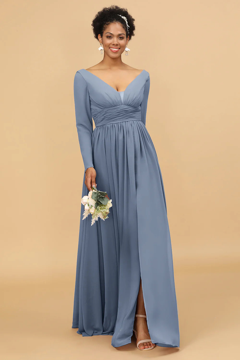 A Line V Neck Long Sleeves Chiffon Bridesmaid Dress with Slit