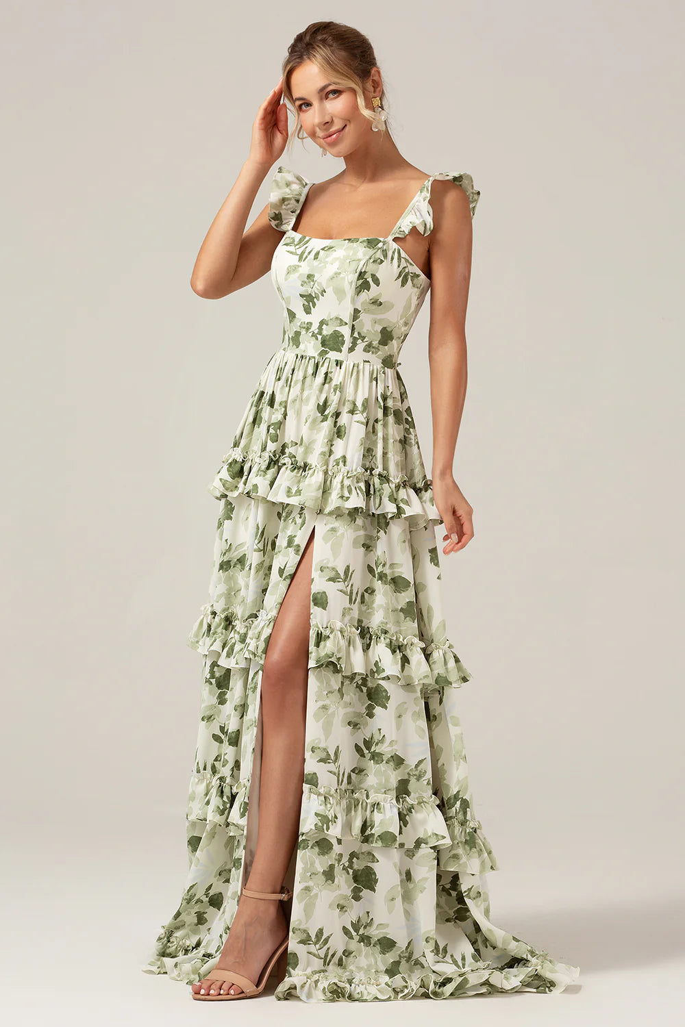 Green Flower A Line Printed Tiered Long Plus Size Bridesmaid Dress With Slit