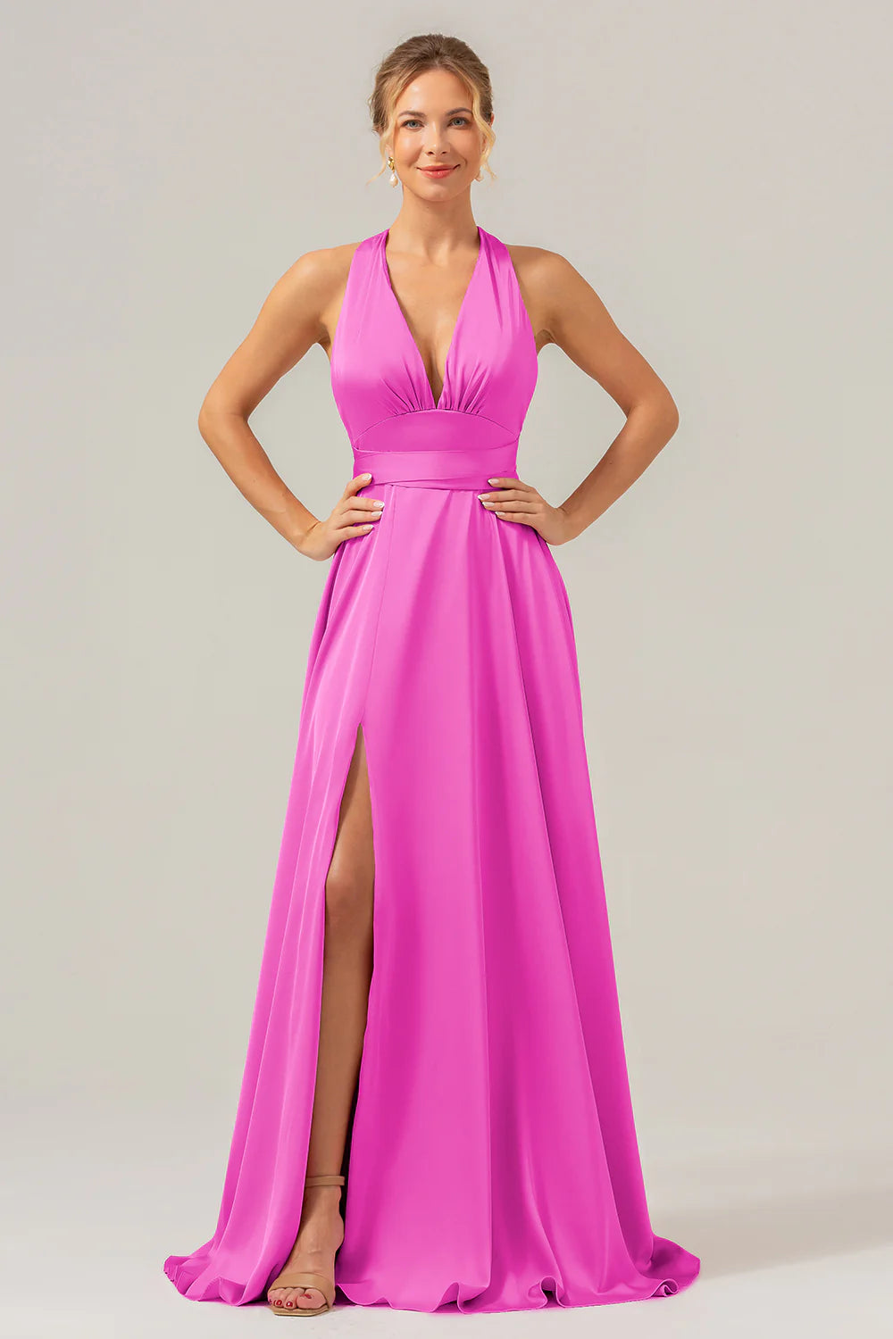 Pink A Line Deep V Neck Lace Up Back Long Satin Bridesmaid Dress with Slit