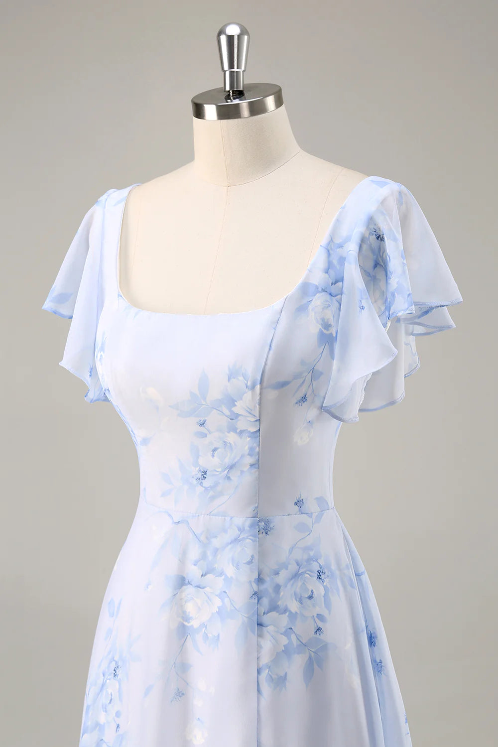 Blue Flower A Line Square Neck Long Bridesmaid Dress with Slit