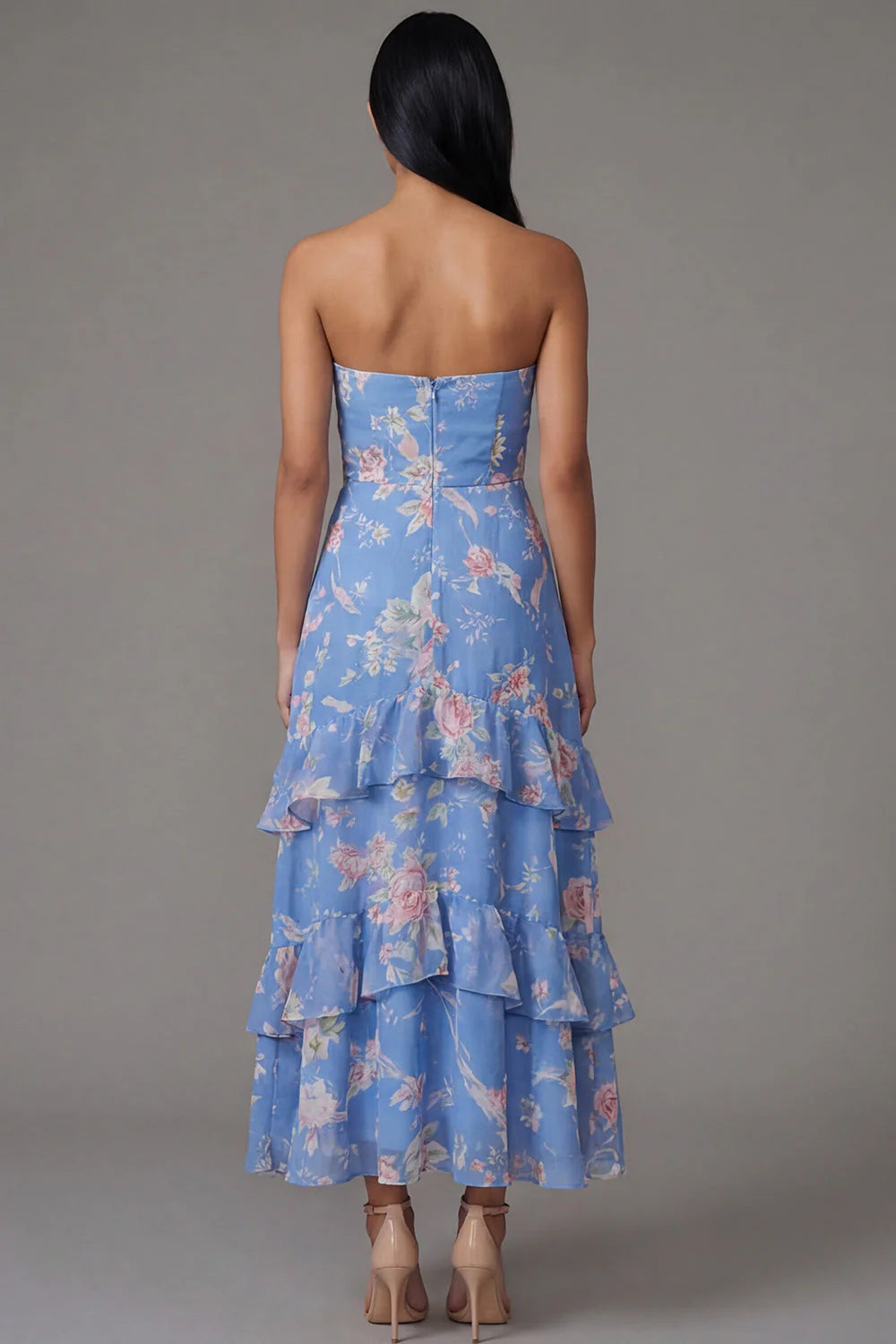 Floral Blue Strapless Tiered A Line Wedding Guest Dress