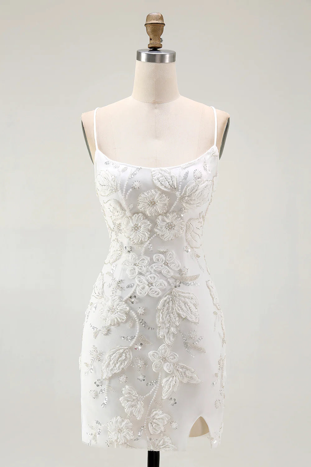 Bodycon White Spaghetti Straps Homecoming Dress with 3D Flowers