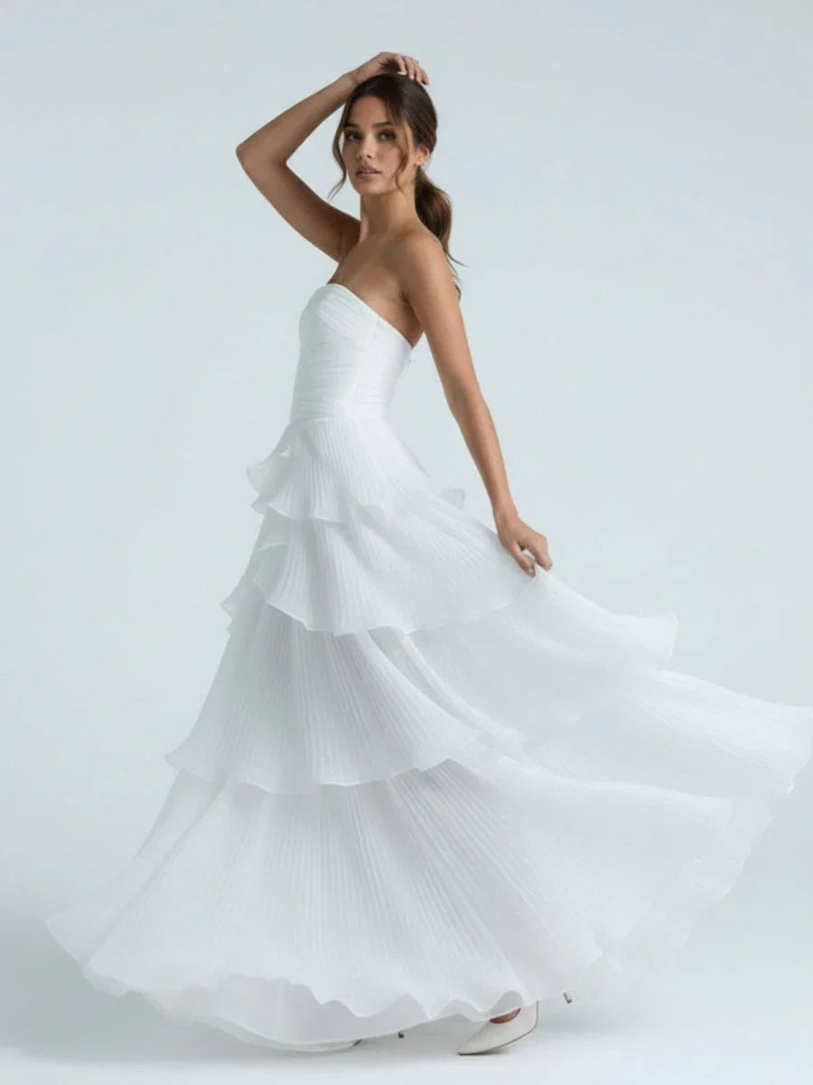 Cute A Line Chiffon Strapless Tiered Wedding Dresses