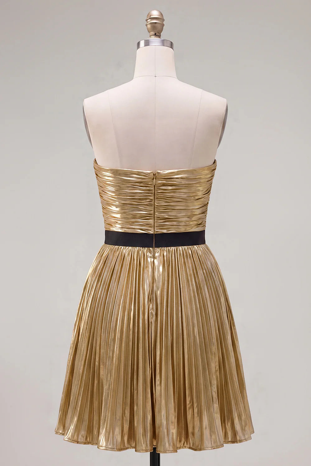 Metallic Golden Pleated A Line Strapless Homecoming Dress