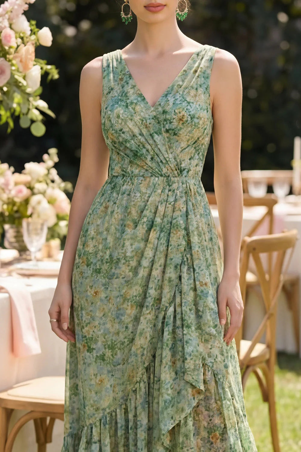 Ruffled Dusty Green Floral V Neck Asymmetrical Wedding Guest Dress