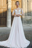 Bateau Illusion Long Sleeve Appliqued A Line Chiffon Wedding Dress