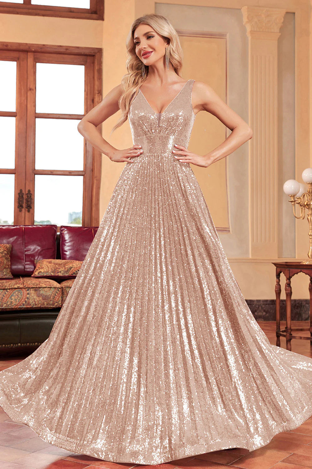 Sparkly Black A Line Pleated Long Prom Dress with Sequins
