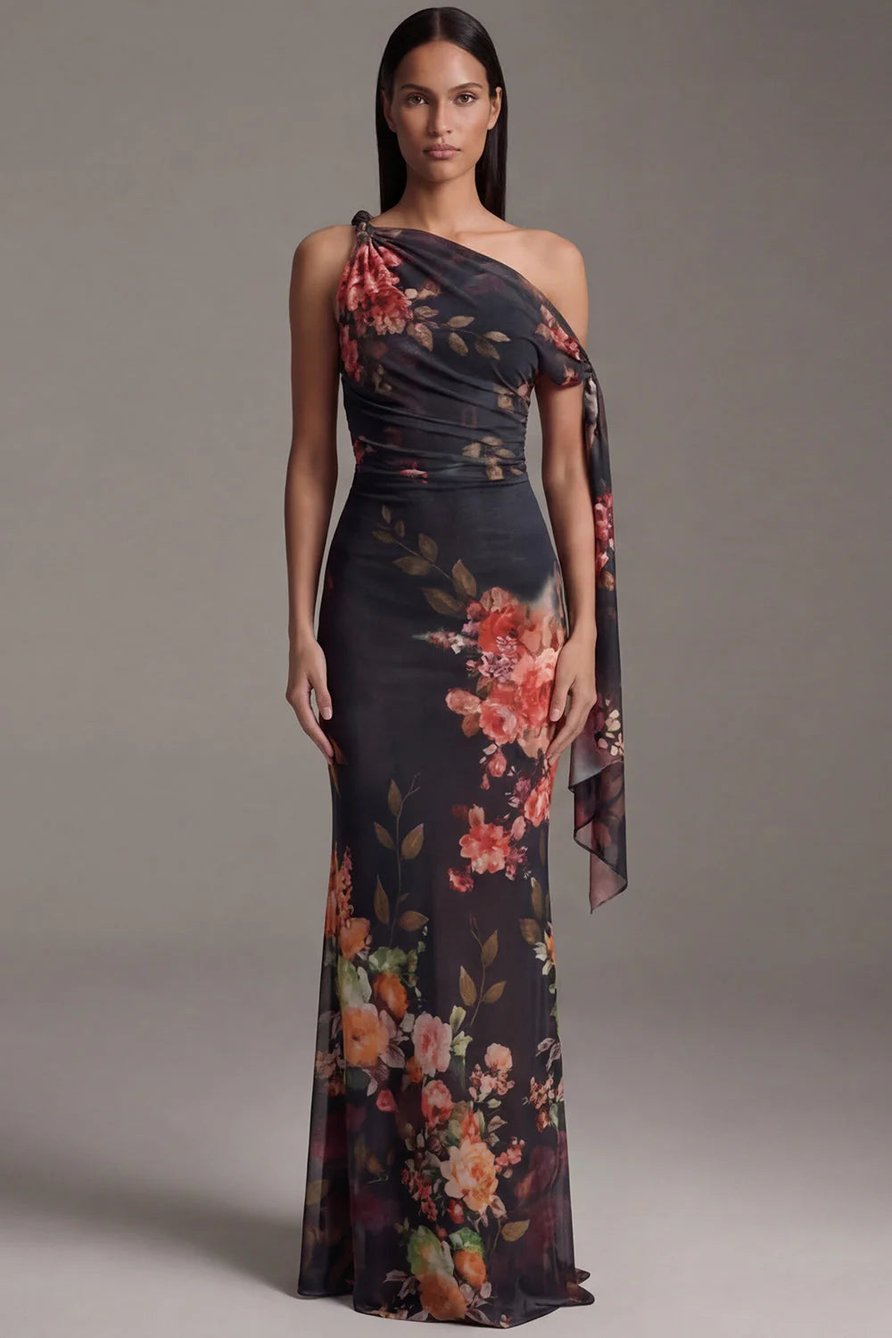 Asymmetrical Neck Black Mermaid Printed Long Formal Dress