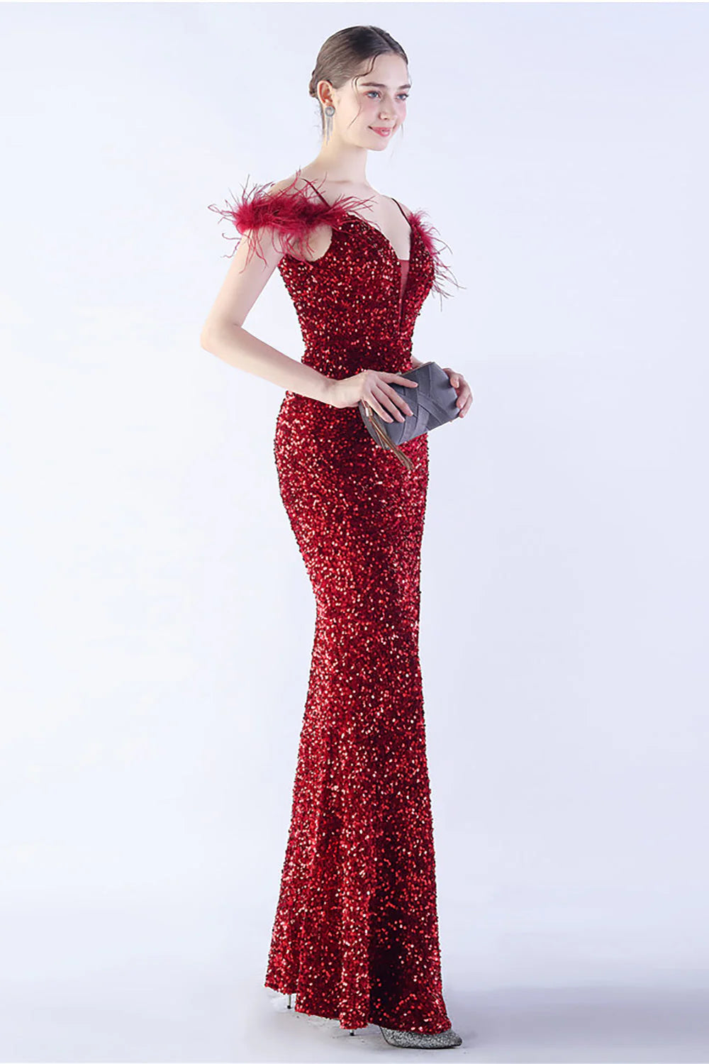 Mermaid Spaghetti Straps Sequin Formal Dress With Feathers