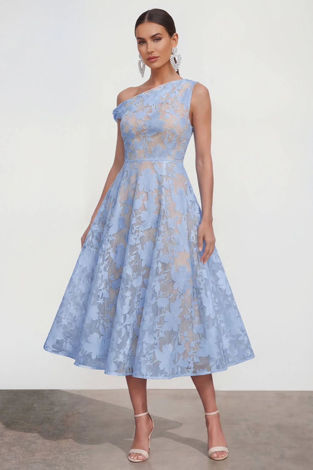 Floral Yellow Asymmetrical Neck A Line Wedding Guest Dress