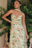 MEADOWS GOWN STRAPLESS A LINE SAGE FLORAL CHIFFON GOWN WITH SCARF