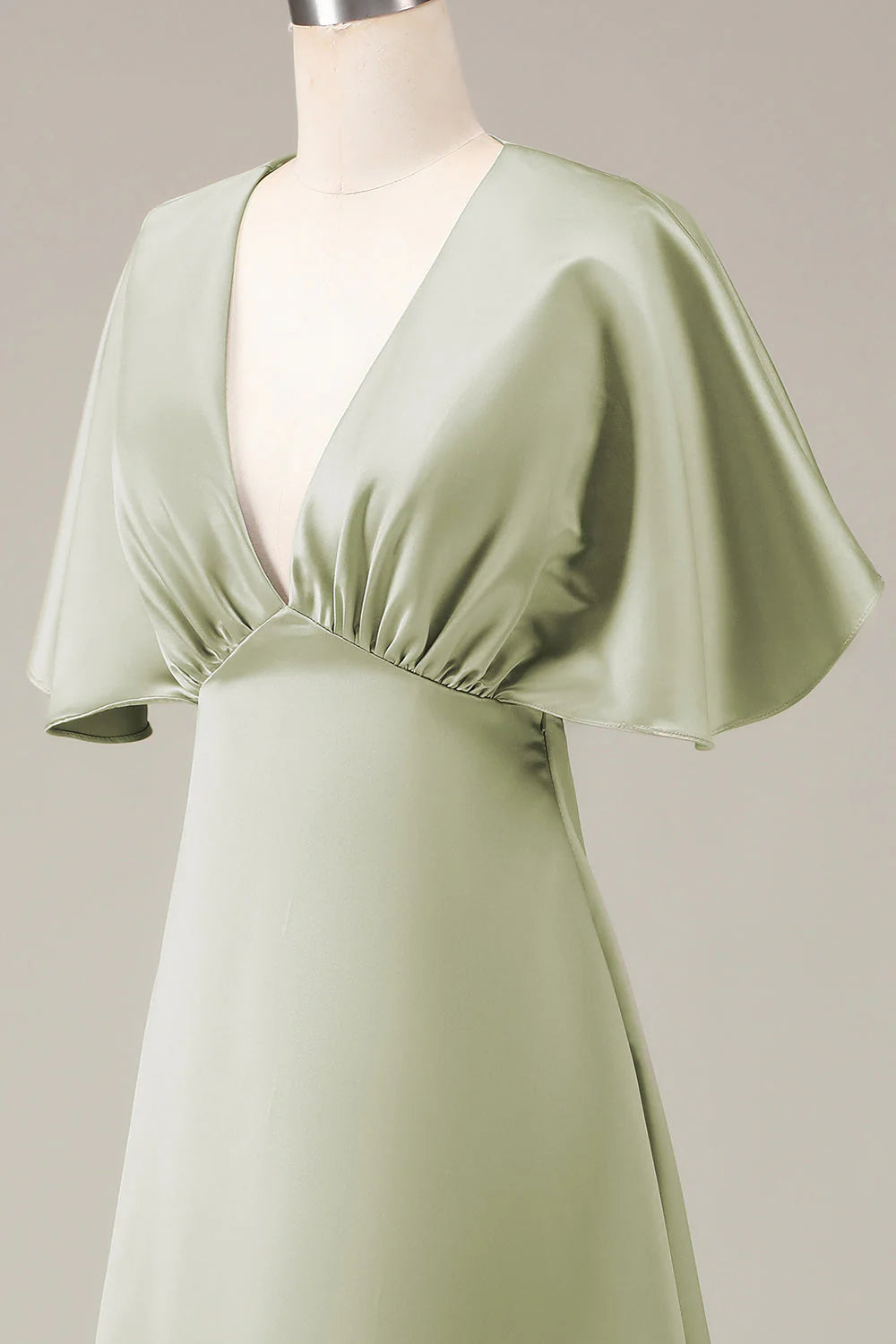 Dusty Sage A Line V Neck Satin Bridesmaid Dress With Short Sleeves