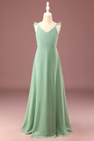 A line Long Chiffon Matcha V neck Spaghetti Straps Junior Bridesmaid Dress