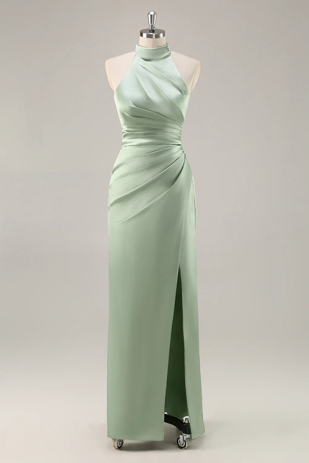 Blush Sheath Halter Satin Pleated Open Back Long Bridesmaid Dress with Slit