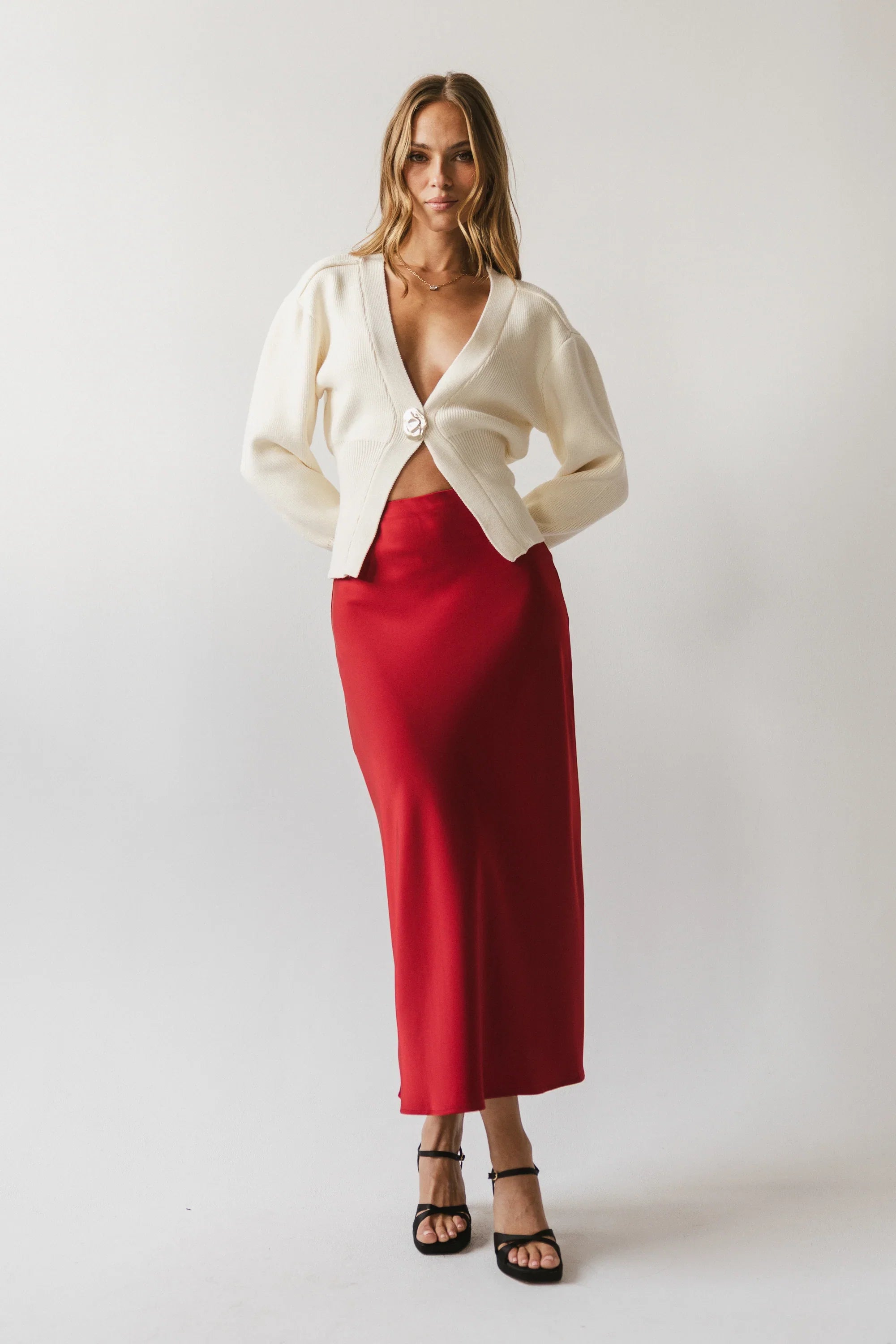 Tory Satin Maxi Skirt in Red Brown