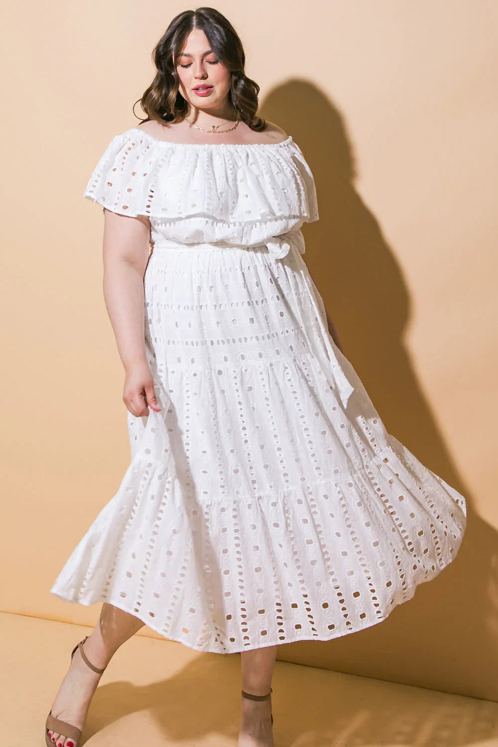 CATCHING MY BREATH EYELET MIDI DRESS