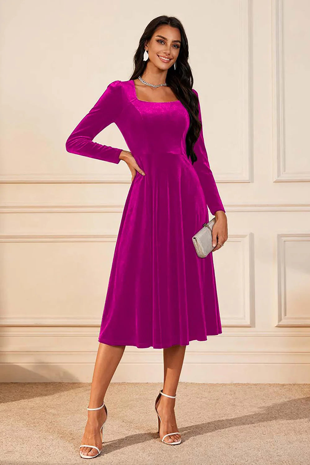 Dark Green A Line Velvet Long Sleeves Holiday Party Dress