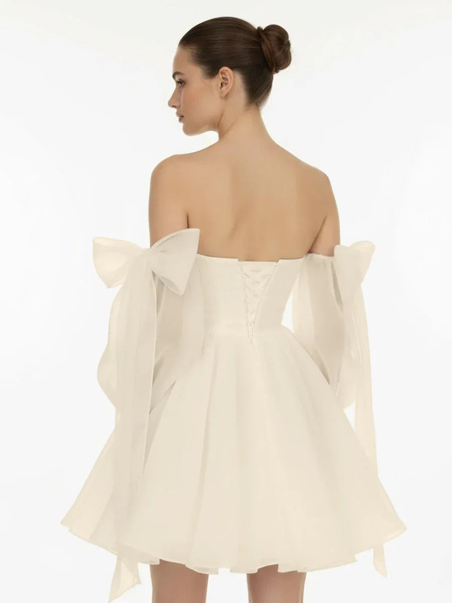 A Line Puff Long Sleeves Short Wedding Dresses With Bows