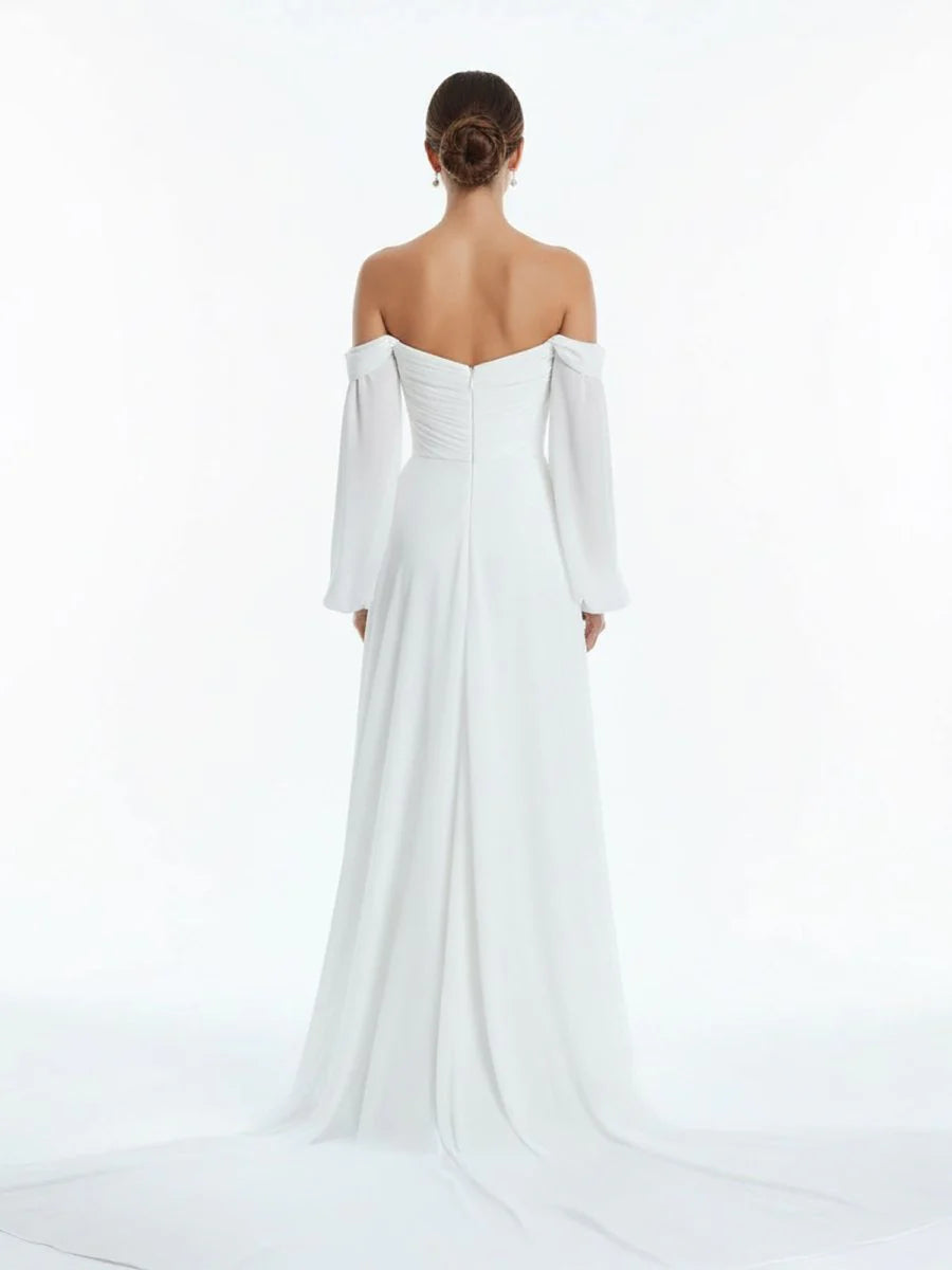 A Line Sweetheart Long Sleeves Chiffon Sweep Train Wedding Dress