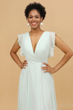 Mint V Neck Long Chiffon Bridesmaid Dress with Slit