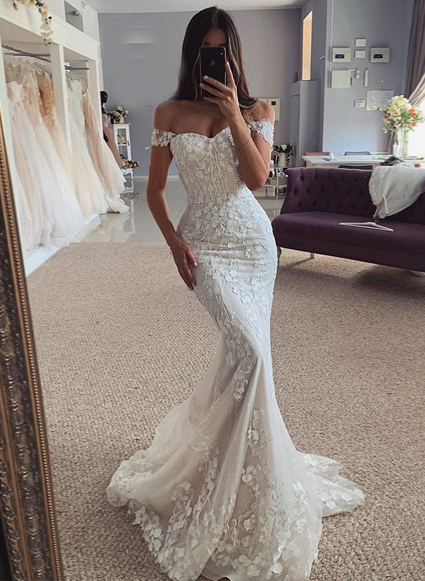 Mermaid Off The Shoulder Sleeveless Lace Wedding Dresses