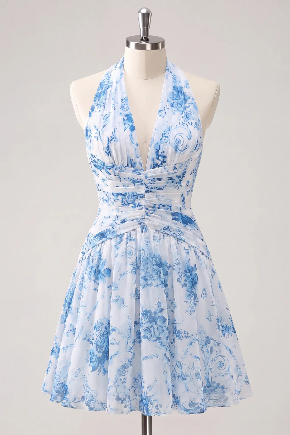 Light Blue Floral Halter A Line Homecoming Dress