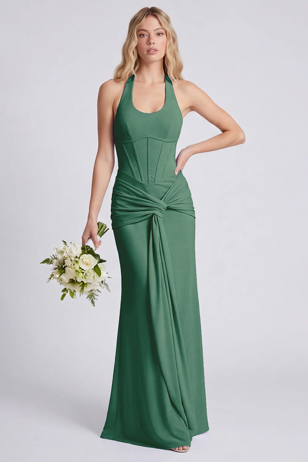 Light Blue Halter Ruched Mermaid Corset Bridesmaid Dress