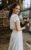 Vintage Boho Two Piece Bateau Satin and Lace Short Sleeve Wedding Dress with Pleats and Sweep Train