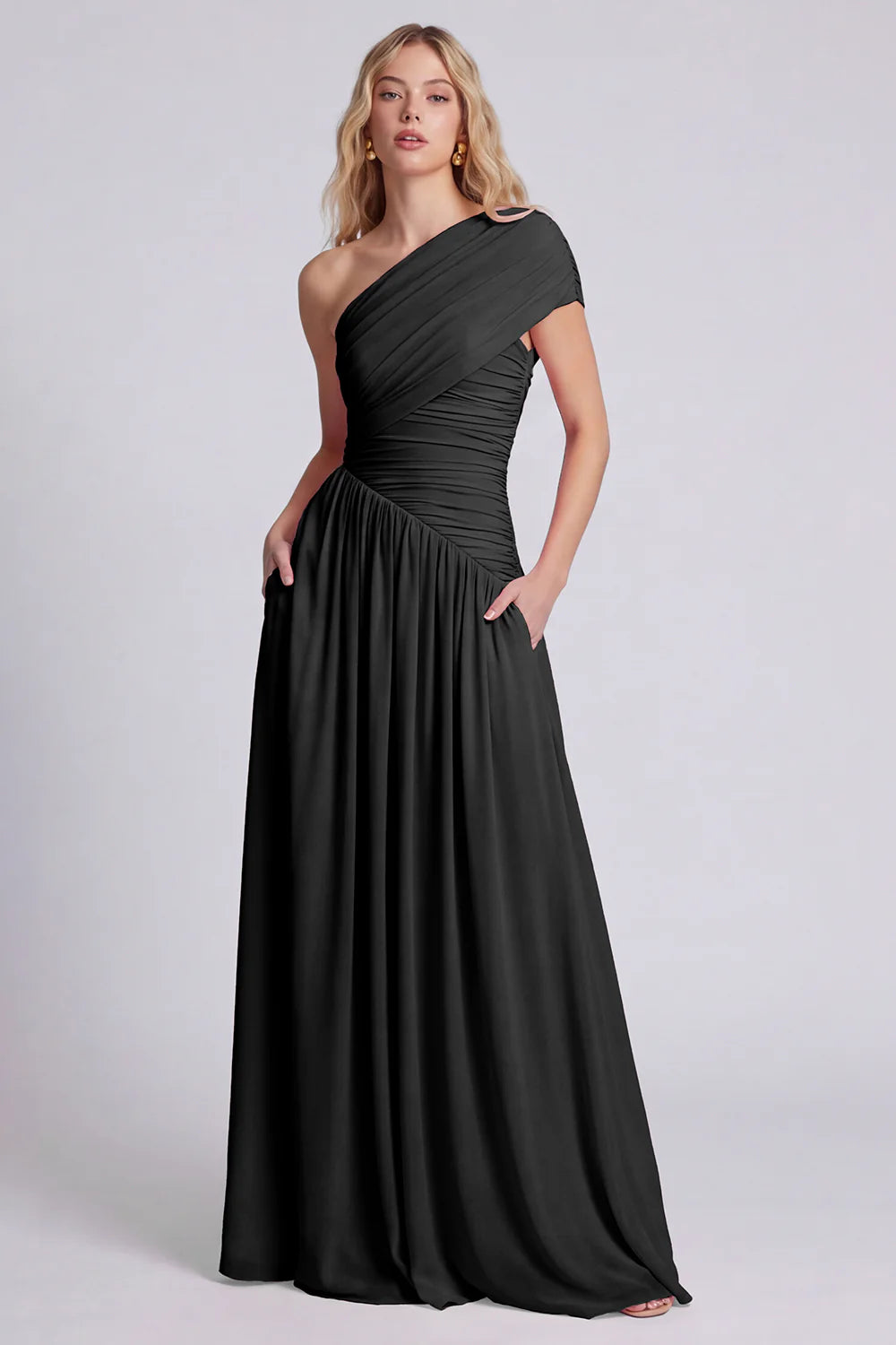One Shoulder Pink A Line Ruched Bridesmaid Dress