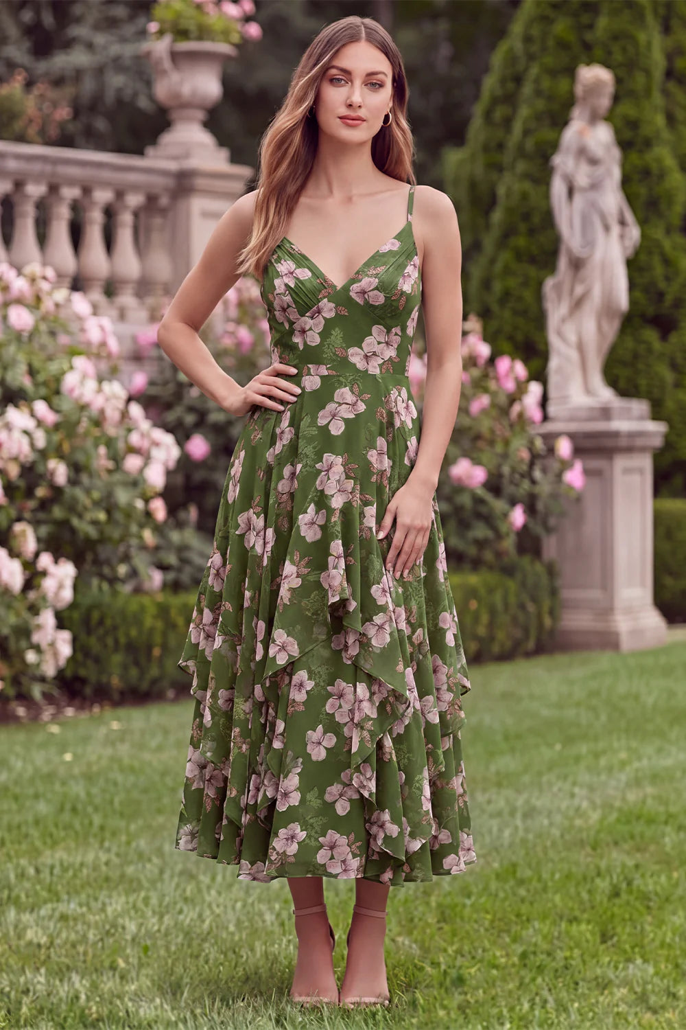 Floral A Line Spaghetti Straps Ruffled Green Wedding Guest Dress