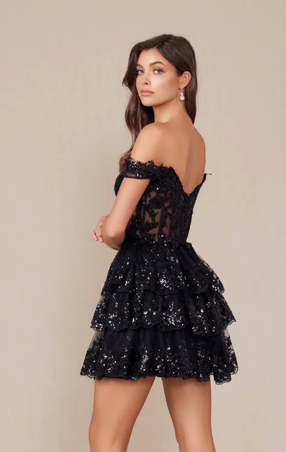 BRENNA MINI DRESS BLACK OFF SHOULDER TIERED SHORT DRESS