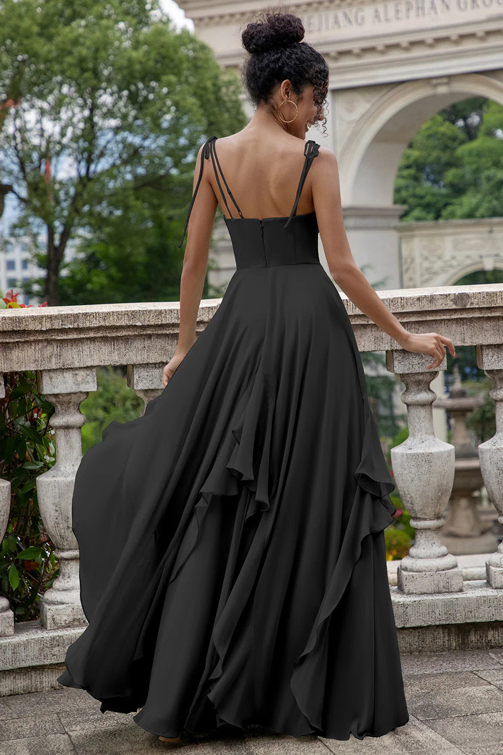 Pine A Line Spaghetti Straps Chiffon Long Asymmetrical Bridesmaid Dress with Ruffles