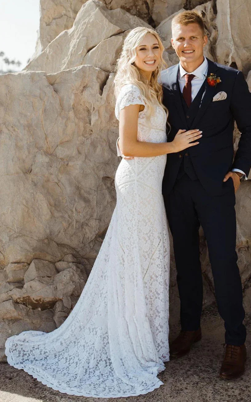 Modest Sheath Square V neck Lace Wedding Dress with Short Sleeve Sweep Train