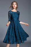 Peacock A Line Round Neck Midi Mother Of The Bride Dress with Half Sleeves