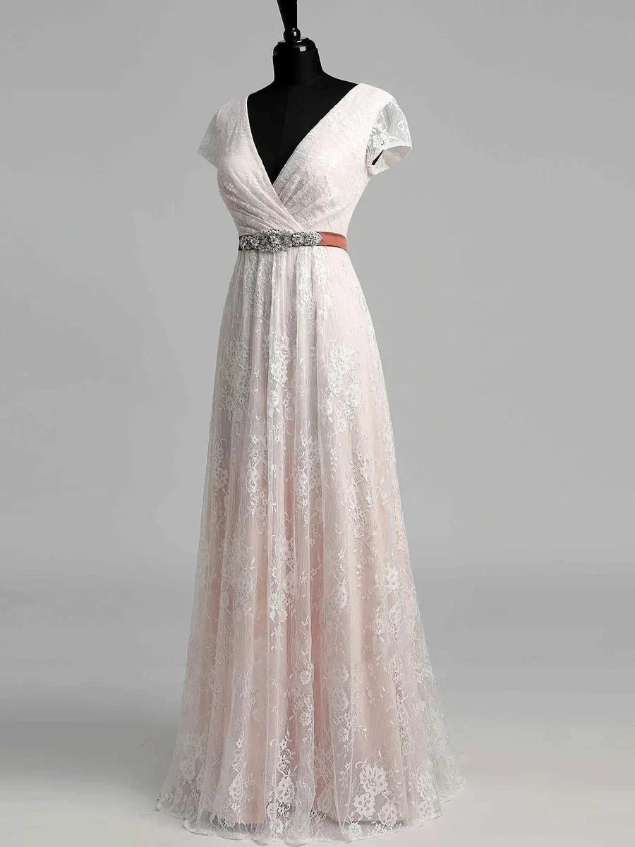 Short Sleeve V neck Pleated Long Lace Wedding Dress