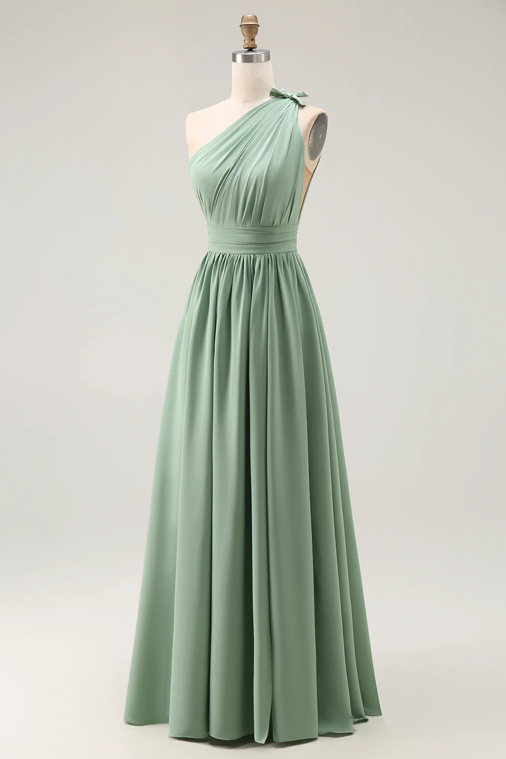 Green A Line One Shoulder Ruched Chiffon Long Bridesmaid Dress with Slit