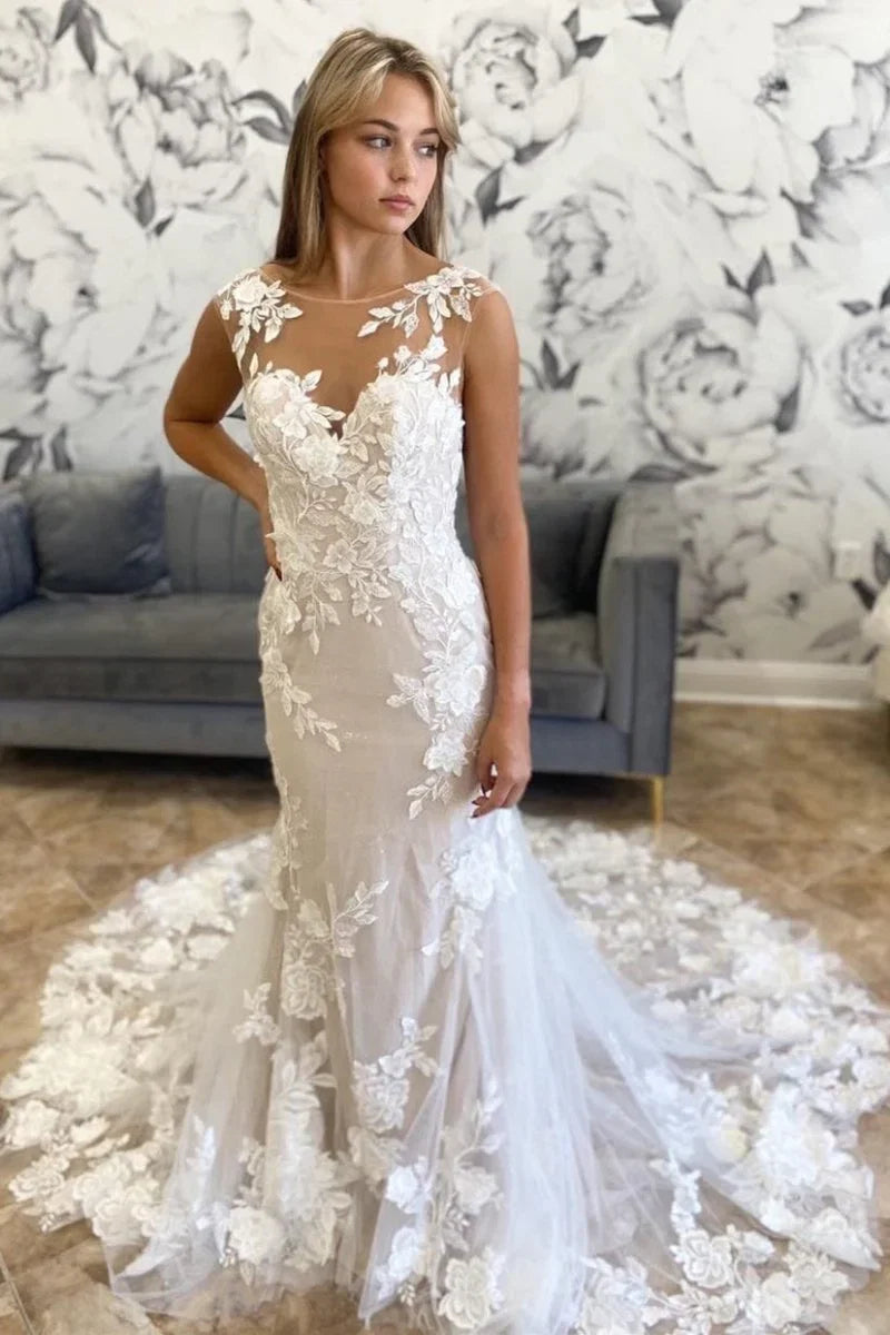White Illusion Neck Appliques Mermaid Long Wedding Dress