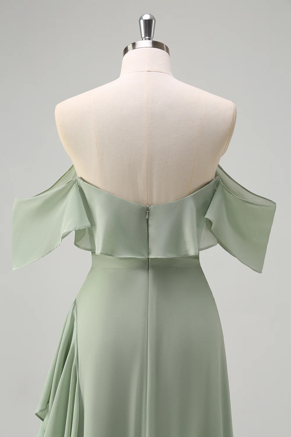 Light Green Sheath Off The Shoulder Chiffon Long Bridesmaid Dress with Ruffle Slit