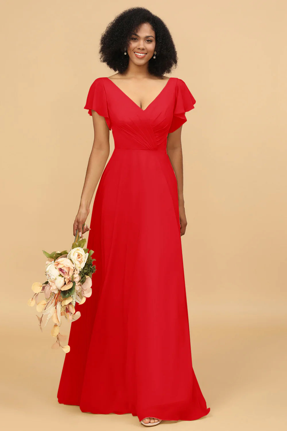 V Neck Cape Long Floor Length Chiffon Bridesmaid Dress