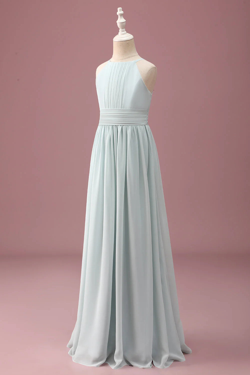 Mint A Line Halter Pleated Long Junior Bridesmaid Dress