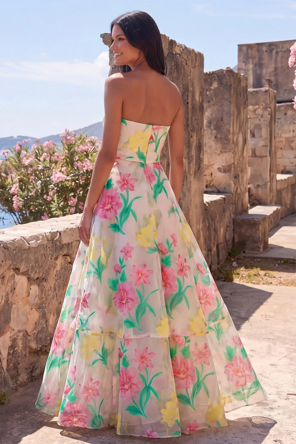 Strapless A Line Daffodil Pink Flower Maxi Dress
