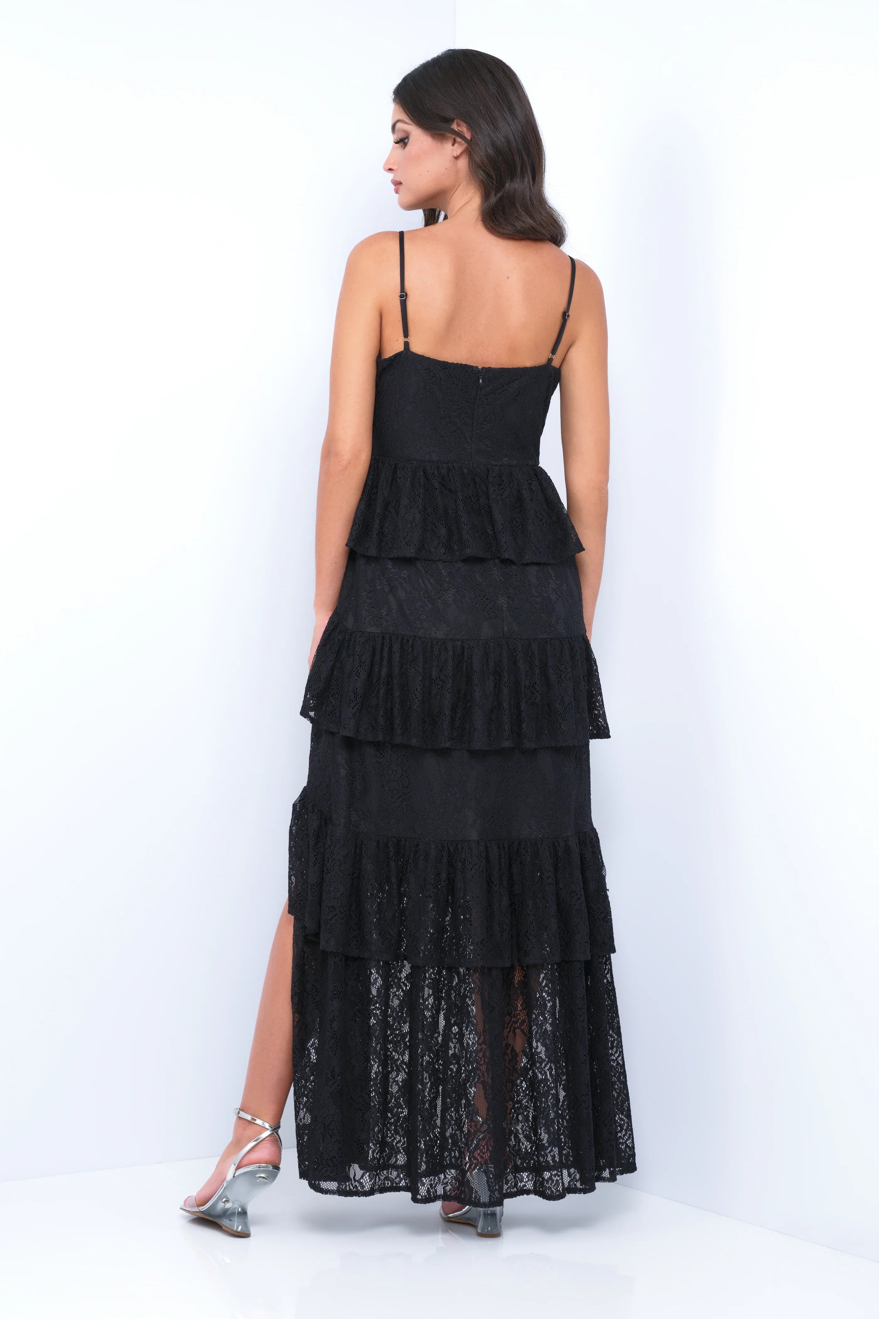 Vanna Lace Tiered Maxi Dress Black
