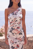 One Shoulder Ivory Floral Mermaid Wedding Guest Dress with Sash